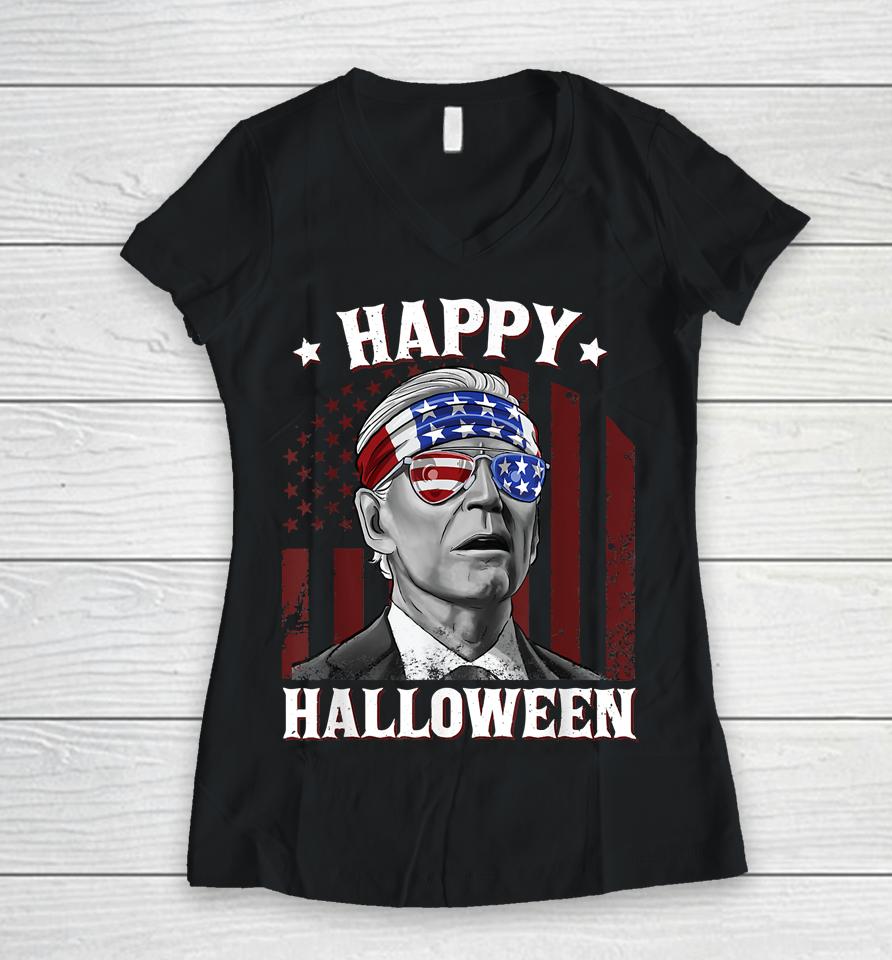 Funny Joe Biden Happy Halloween Confused 4Th Of July 2022 Women V-Neck T-Shirt