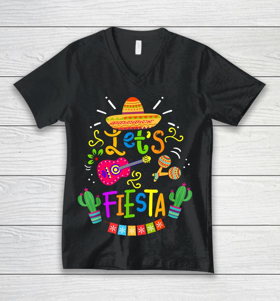 Funny Let's Fiesta Cinco De Mayo Mexican Guitar Cactus Unisex V-Neck T-Shirt