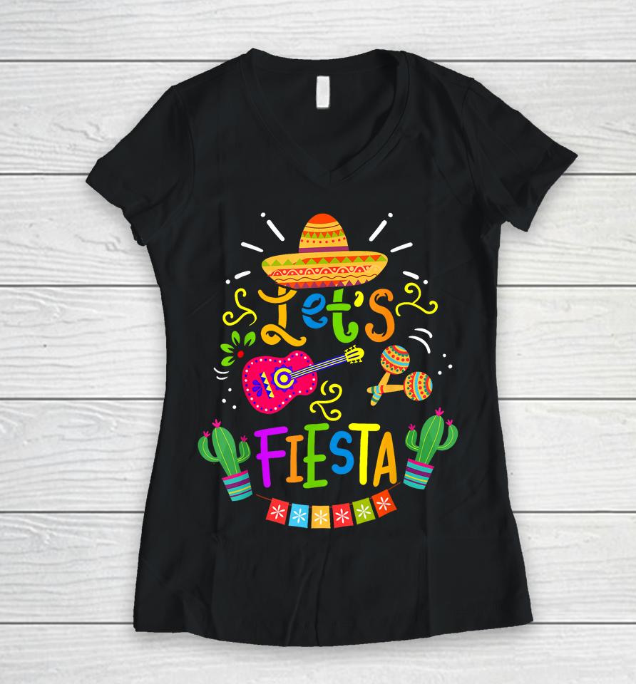 Funny Let's Fiesta Cinco De Mayo Mexican Guitar Cactus Women V-Neck T-Shirt
