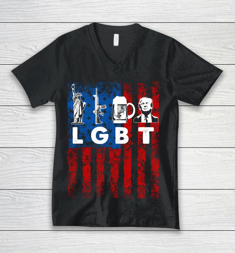 Funny Lgbt Parody Liberty Guns Beer Trump Usa Gift Unisex V-Neck T-Shirt