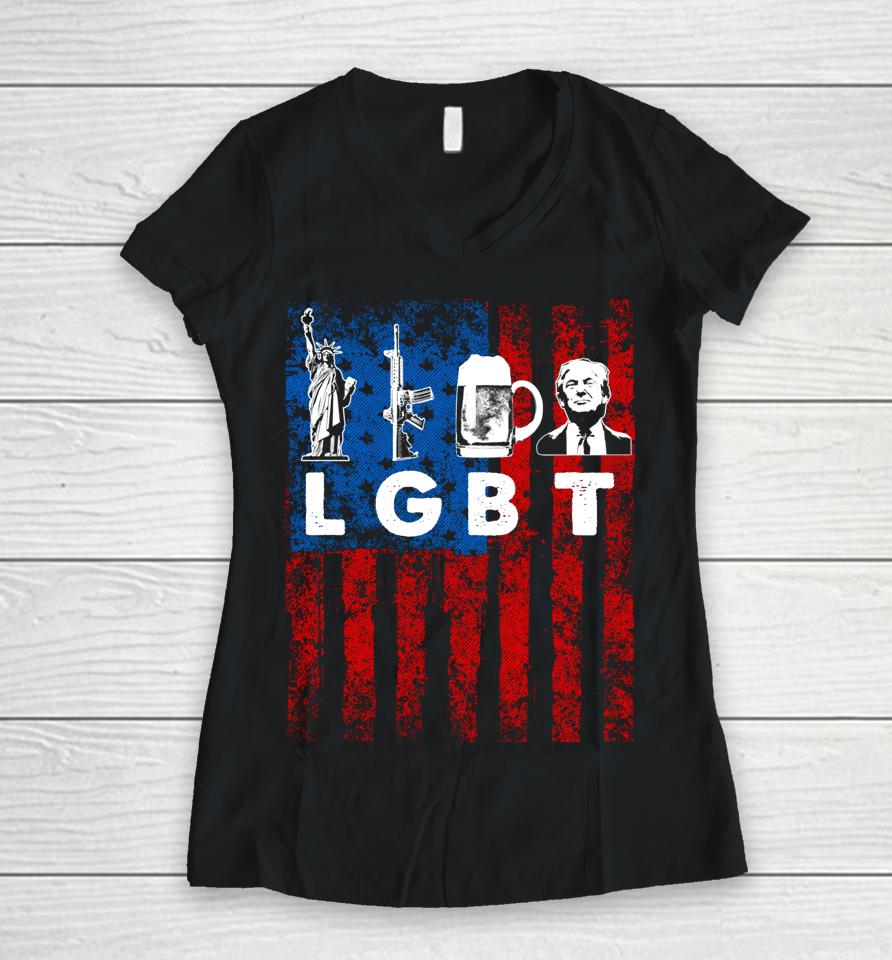 Funny Lgbt Parody Liberty Guns Beer Trump Usa Gift Women V-Neck T-Shirt