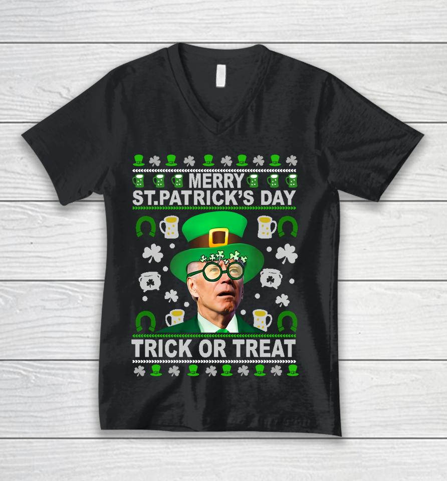Funny Merry St Patrick's Day Trick Or Treat Biden Leprechaun Unisex V-Neck T-Shirt