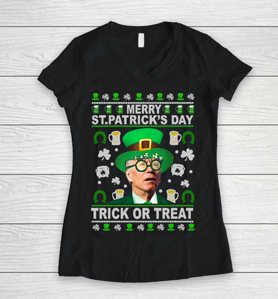 Funny Merry St Patrick's Day Trick Or Treat Biden Leprechaun Women V-Neck T-Shirt