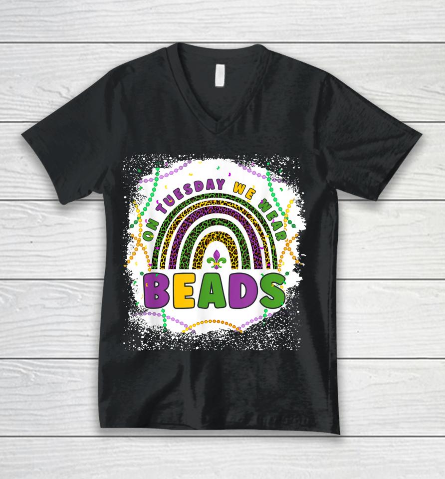 Funny On Tuesday We Wear Beads Leopard Rainbow Mardi Gras Unisex V-Neck T-Shirt