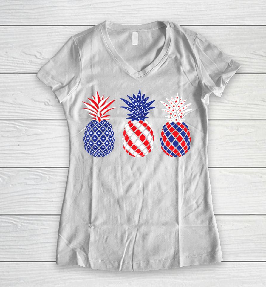 Funny Patriotic Red White &Amp; Blue Pineapple Hawaii July 4 Women V-Neck T-Shirt