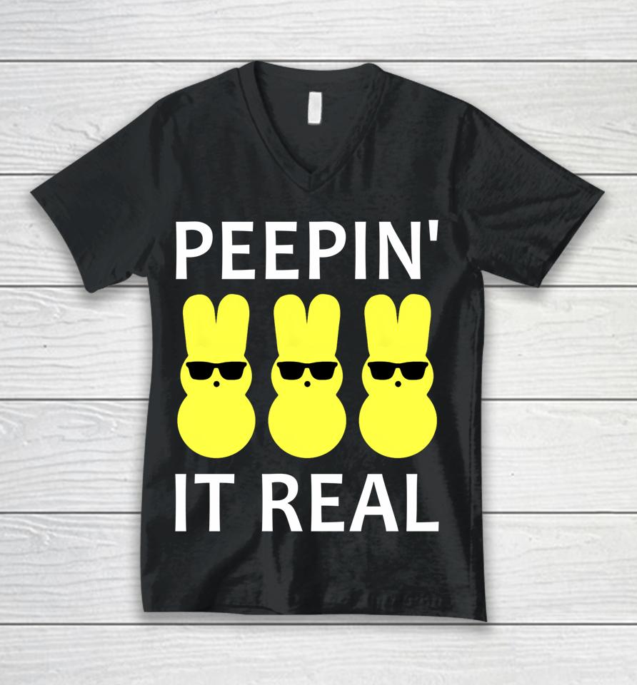 Funny Peepin It Real Happy Easter Bunny Unisex V-Neck T-Shirt