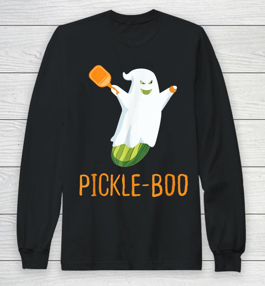 Funny Pickle Ghost Loves To Play Pickleball At Halloween Long Sleeve T-Shirt