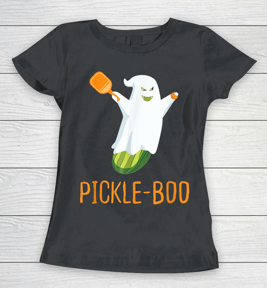 Funny Pickle Ghost Loves To Play Pickleball At Halloween Women T-Shirt