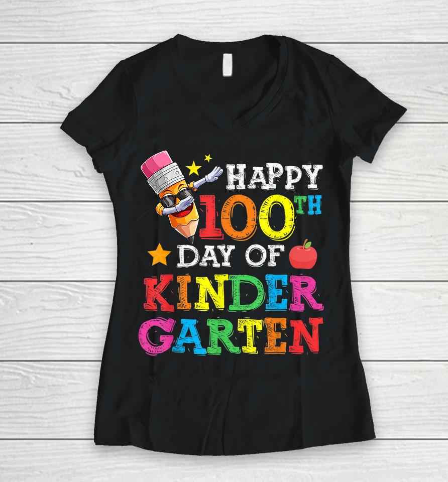 Funny School Kids Dab Crayon Happy 100Th Day Of Kindergarten Women V-Neck T-Shirt