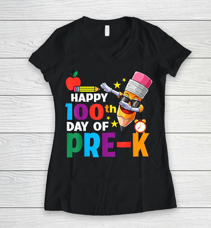 Funny School Kids Dab Crayon Happy 100Th Day Of Pre-K Women V-Neck T-Shirt