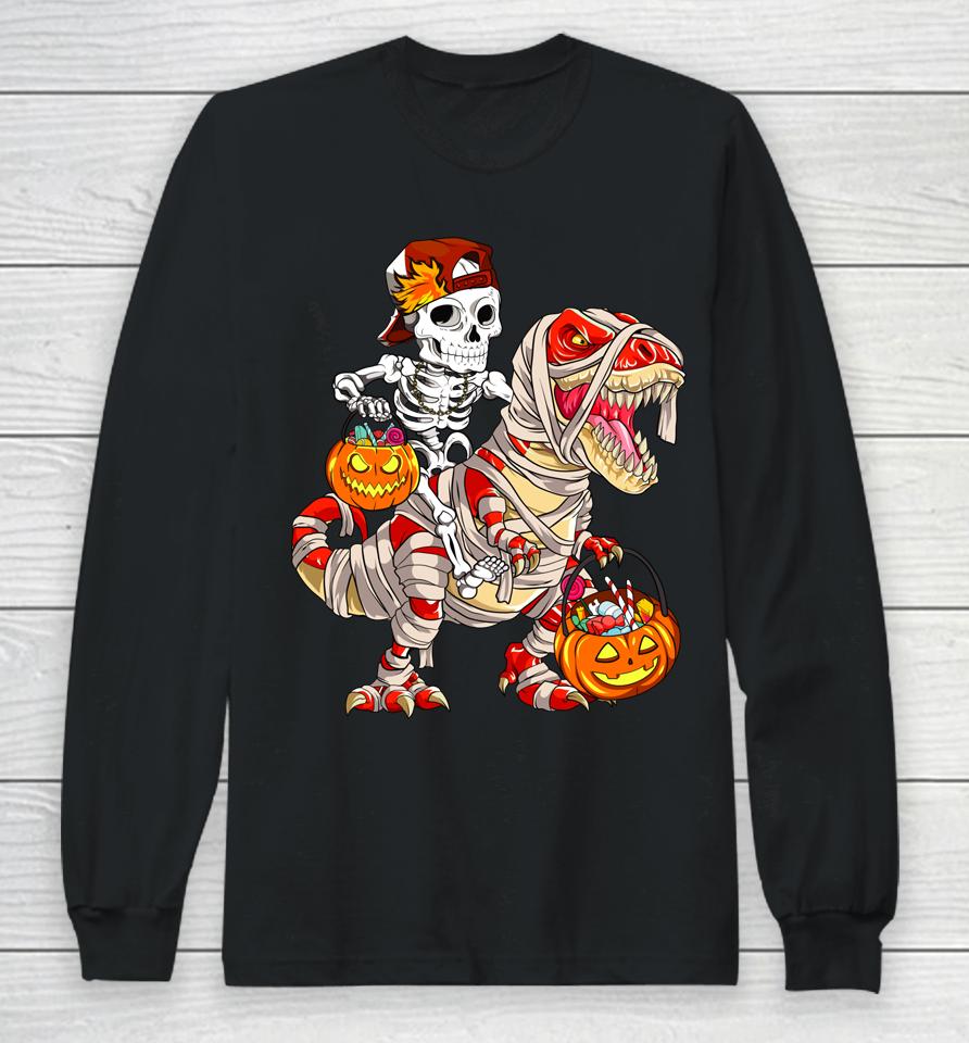 Funny Skeleton Riding Dinosaur Halloween Pumpkin Long Sleeve T-Shirt