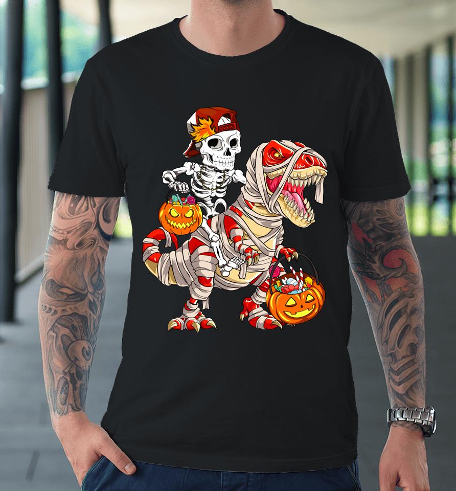 Funny Skeleton Riding Dinosaur Halloween Pumpkin Premium T-Shirt