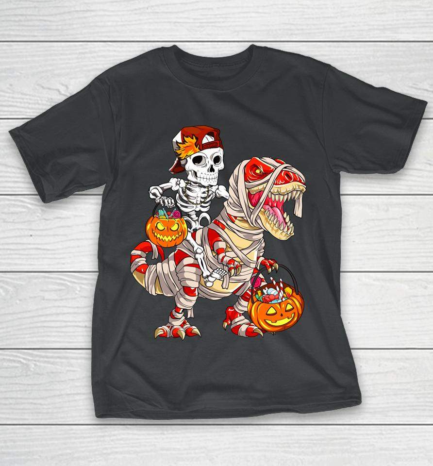 Funny Skeleton Riding Dinosaur Halloween Pumpkin T-Shirt