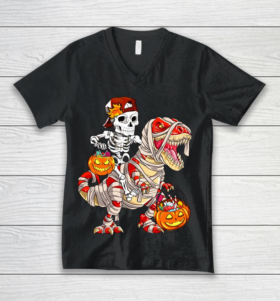 Funny Skeleton Riding Dinosaur Halloween Pumpkin Unisex V-Neck T-Shirt
