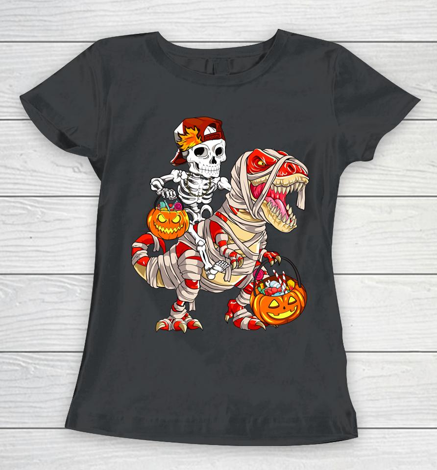 Funny Skeleton Riding Dinosaur Halloween Pumpkin Women T-Shirt