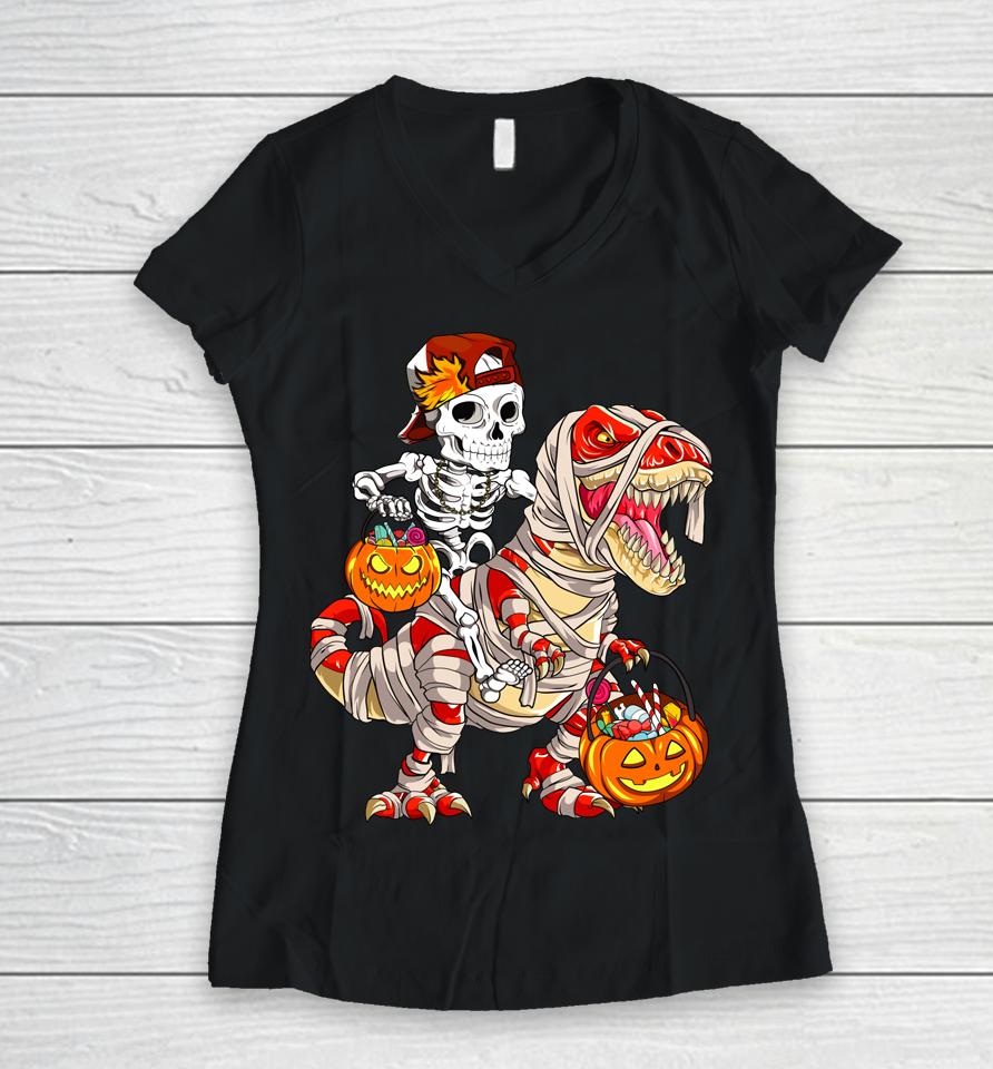 Funny Skeleton Riding Dinosaur Halloween Pumpkin Women V-Neck T-Shirt