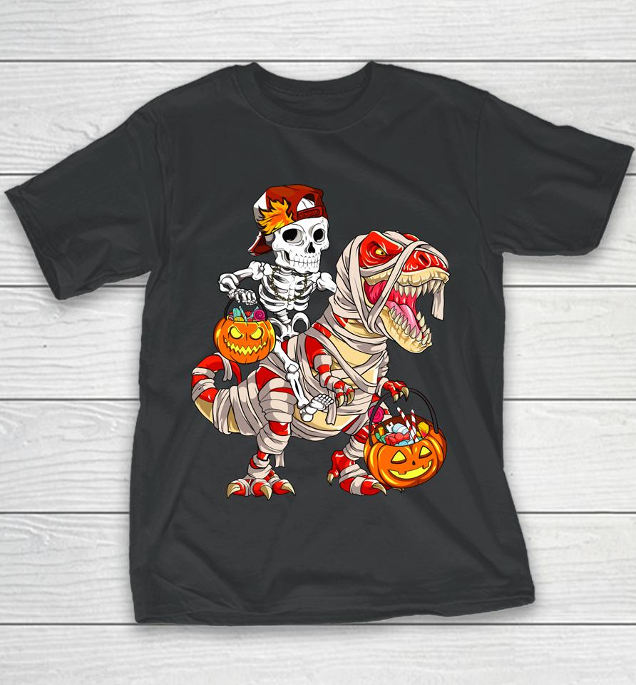 Funny Skeleton Riding Dinosaur Halloween Pumpkin Youth T-Shirt