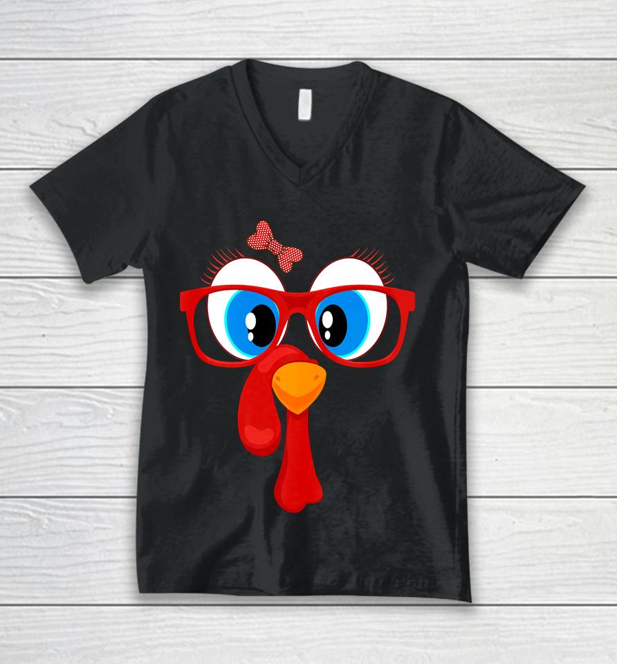 Funny Thanksgiving Turkey Girl Face Sunglasses Blue Eyes Unisex V-Neck T-Shirt
