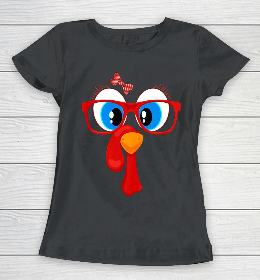 Funny Thanksgiving Turkey Girl Face Sunglasses Blue Eyes Women T-Shirt