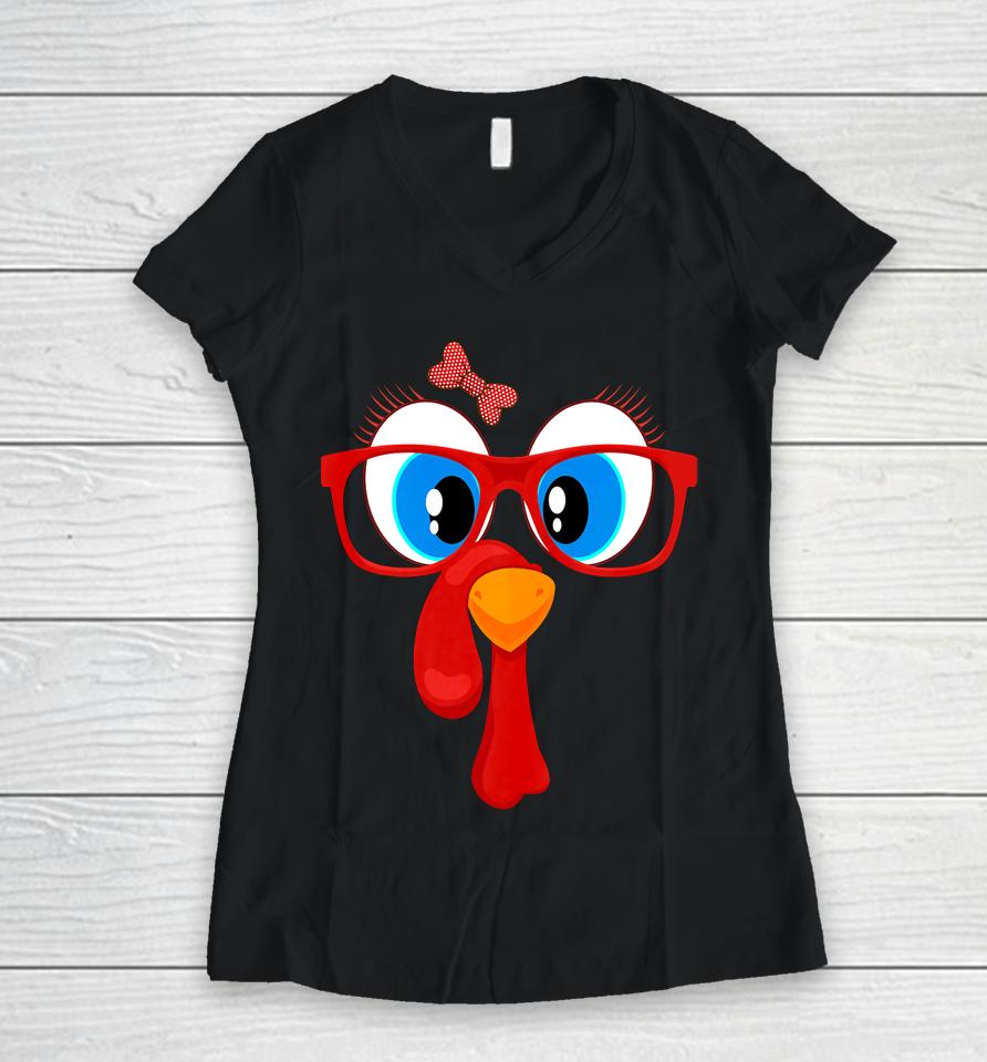 Funny Thanksgiving Turkey Girl Face Sunglasses Blue Eyes Women V-Neck T-Shirt