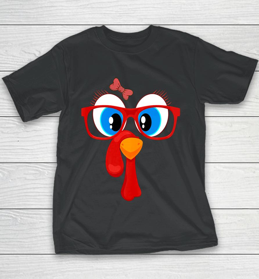 Funny Thanksgiving Turkey Girl Face Sunglasses Blue Eyes Youth T-Shirt