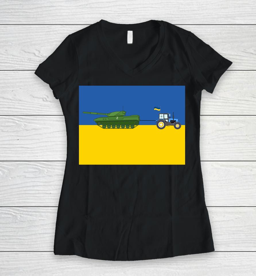 Funny Ukrainian Farmer Steals Tank Ukraine Flag Vintage 2022 Women V-Neck T-Shirt