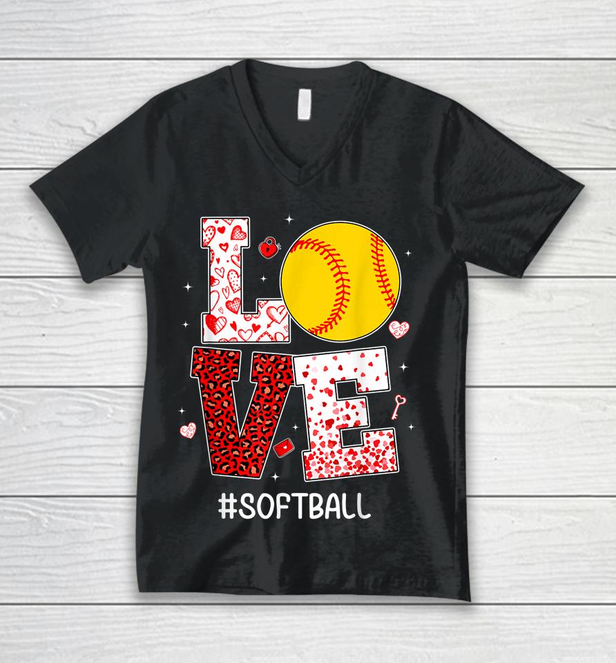 Funny Valentine's Day Hearts Love Softball Unisex V-Neck T-Shirt