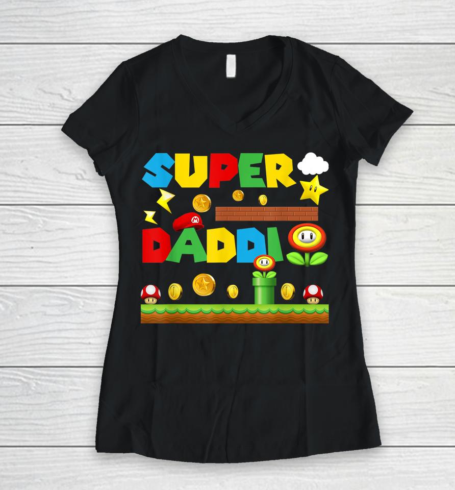 Funny Video Gaming Super Daddio Dad Happy Father's Day Women V-Neck T-Shirt