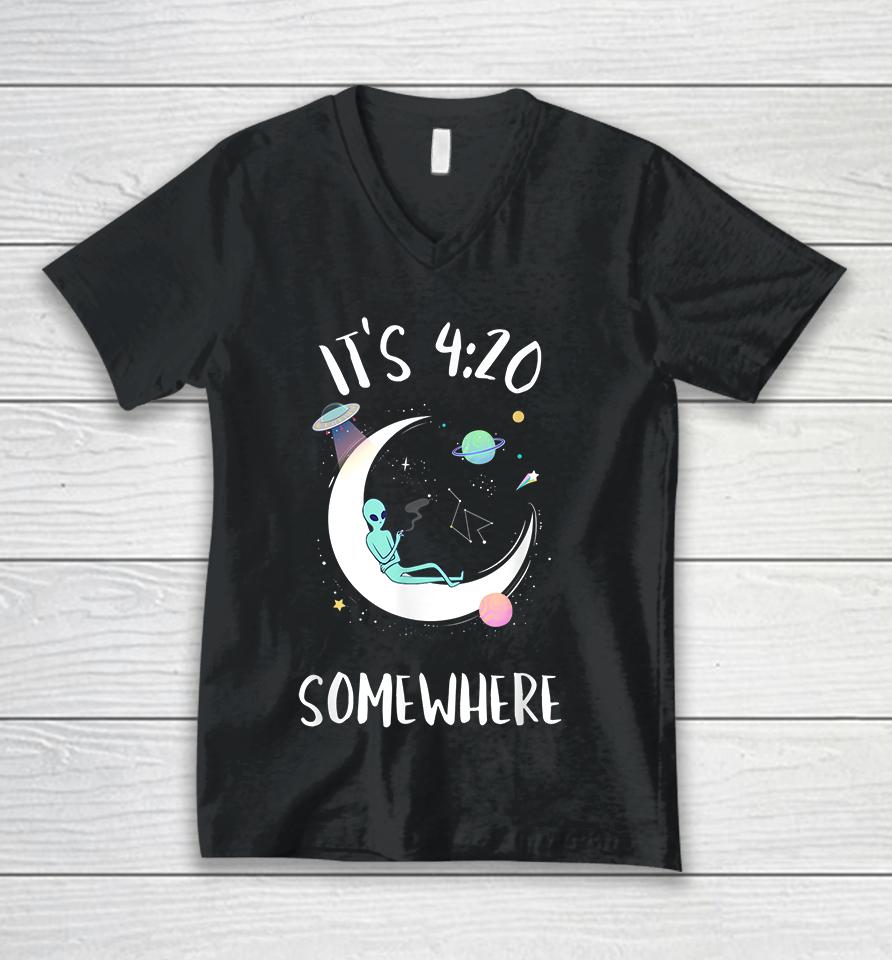 Funny Weed Joint Smoking Moon Alien It's 4-20 Somewhere Unisex V-Neck T-Shirt