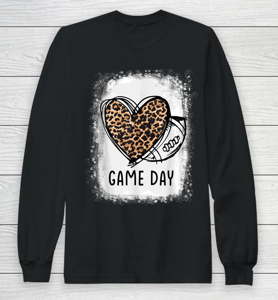 Game Day With Leopard Heart Football Lovers Mom Bleached Long Sleeve T-Shirt