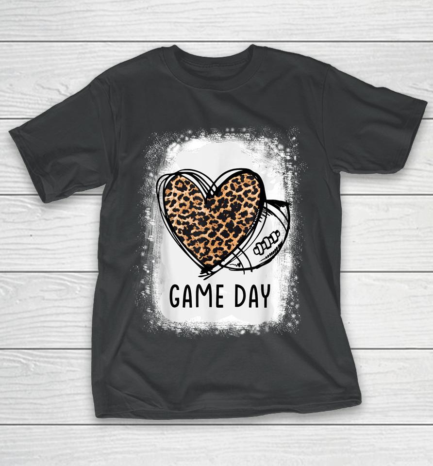 Game Day With Leopard Heart Football Lovers Mom Bleached T-Shirt
