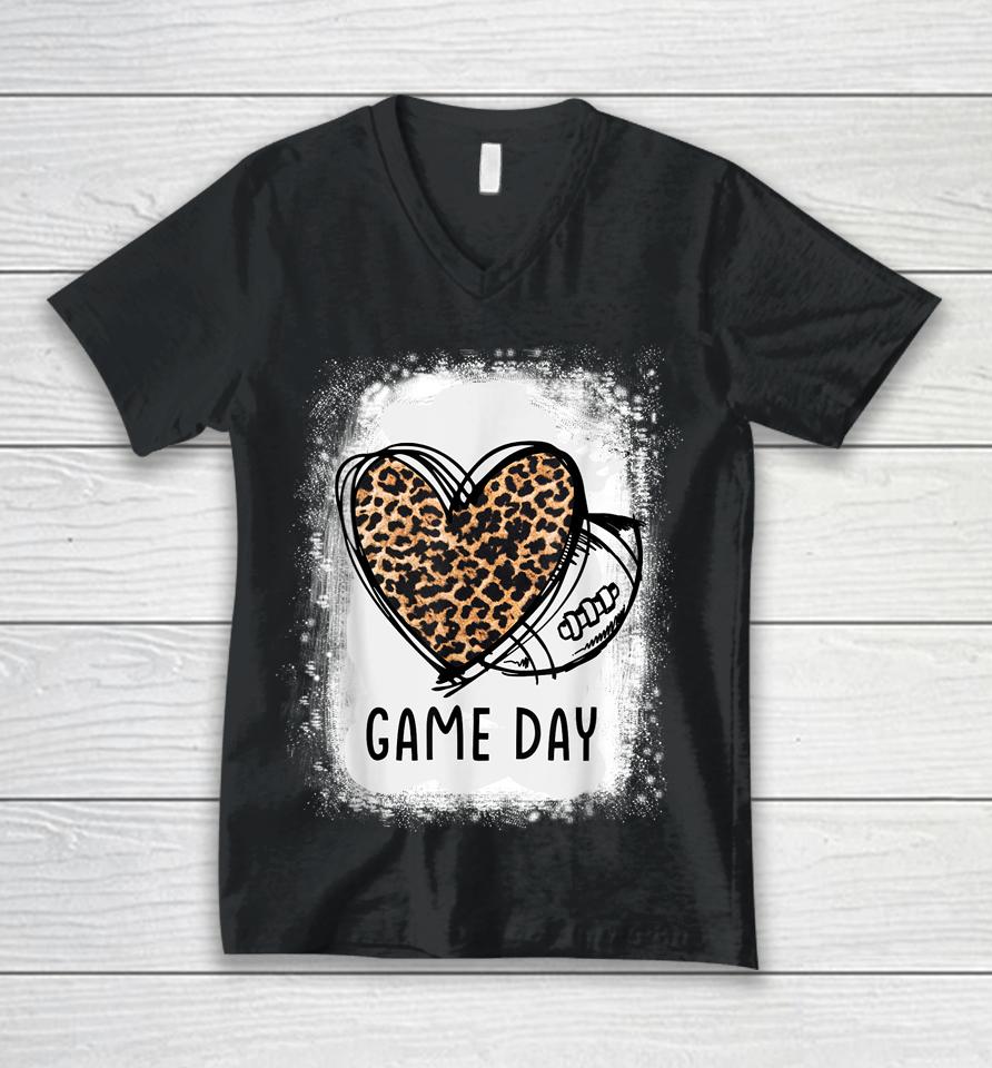 Game Day With Leopard Heart Football Lovers Mom Bleached Unisex V-Neck T-Shirt