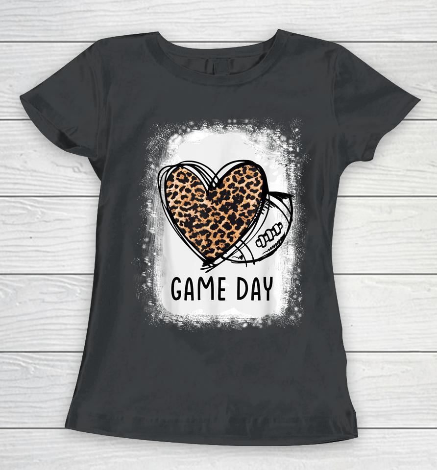 Game Day With Leopard Heart Football Lovers Mom Bleached Women T-Shirt