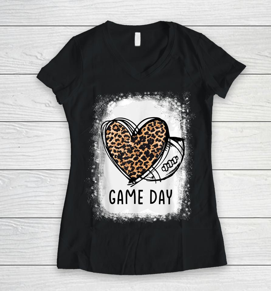 Game Day With Leopard Heart Football Lovers Mom Bleached Women V-Neck T-Shirt