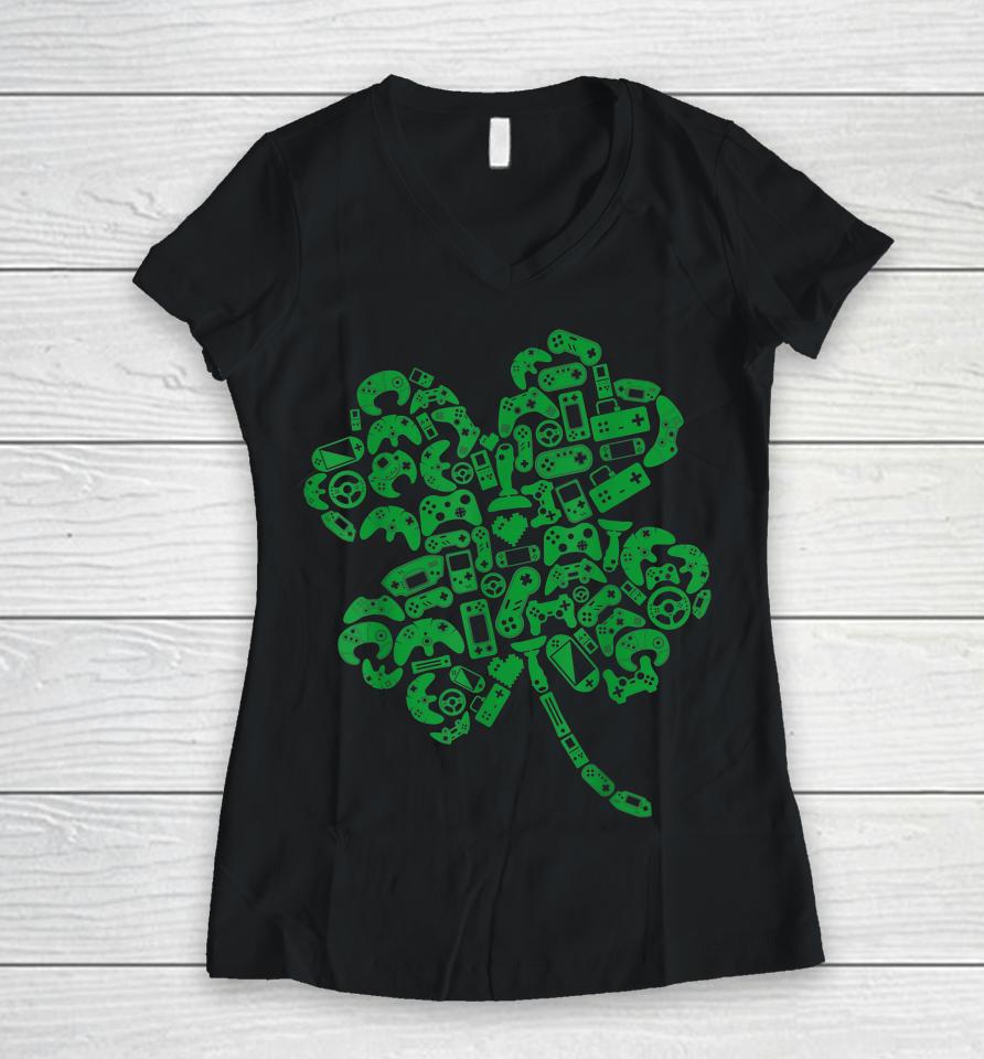 Gamer Gift Game Shamrock Men Boys Kids Irish St Patricks Day Women V-Neck T-Shirt
