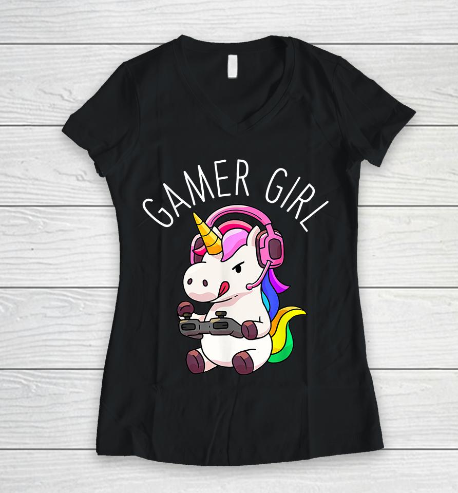 Gamer Girl Unicorn Women V-Neck T-Shirt
