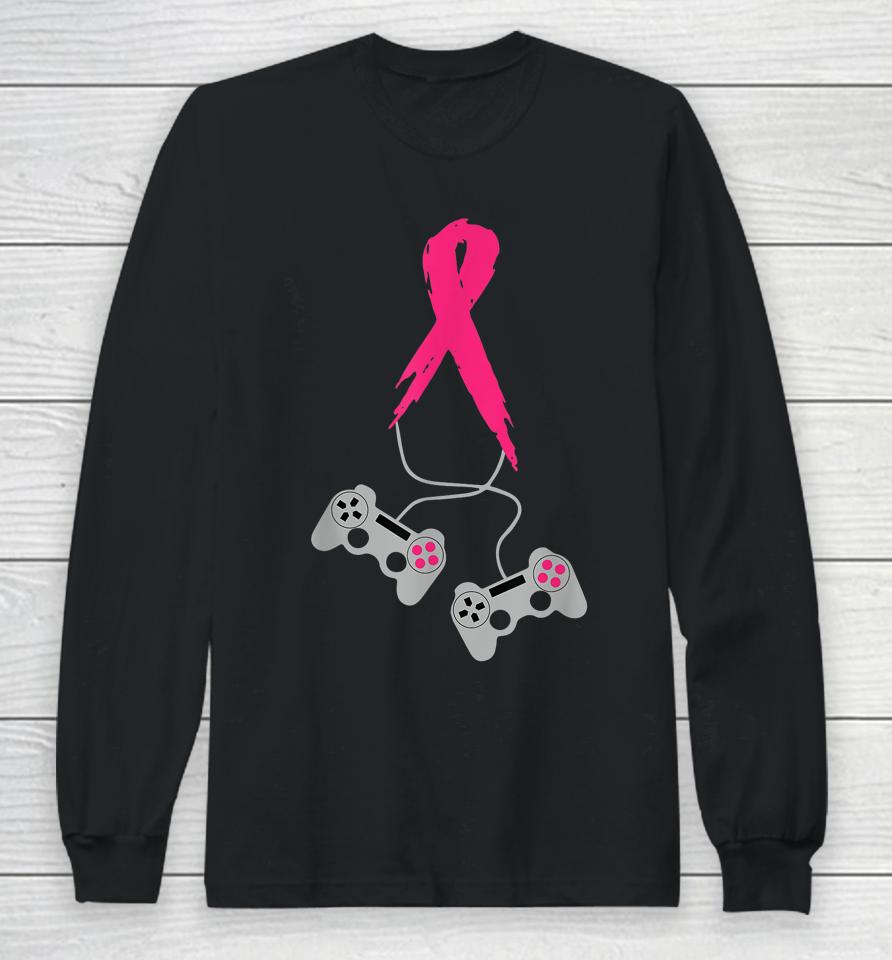 Gamer Pink Ribbon Breast Cancer Awareness Video Games Long Sleeve T-Shirt
