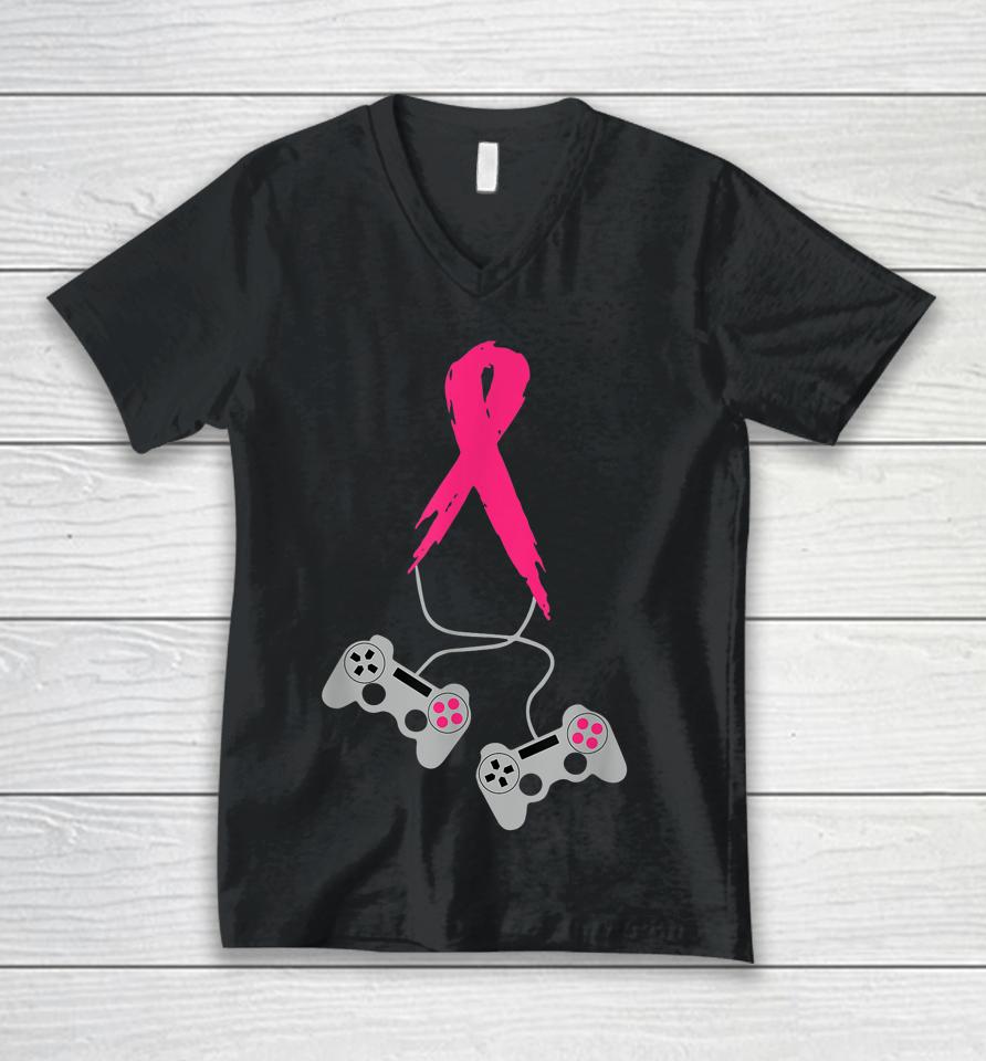 Gamer Pink Ribbon Breast Cancer Awareness Video Games Unisex V-Neck T-Shirt