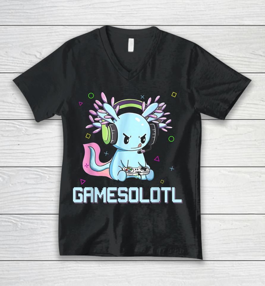 Gamesolotl Cute Axolotl Video Gamer Kawaii Anime Boys Girls Unisex V-Neck T-Shirt