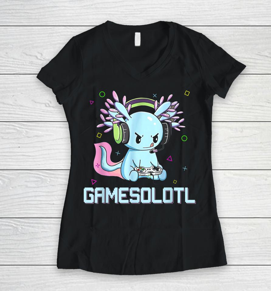Gamesolotl Cute Axolotl Video Gamer Kawaii Anime Boys Girls Women V-Neck T-Shirt