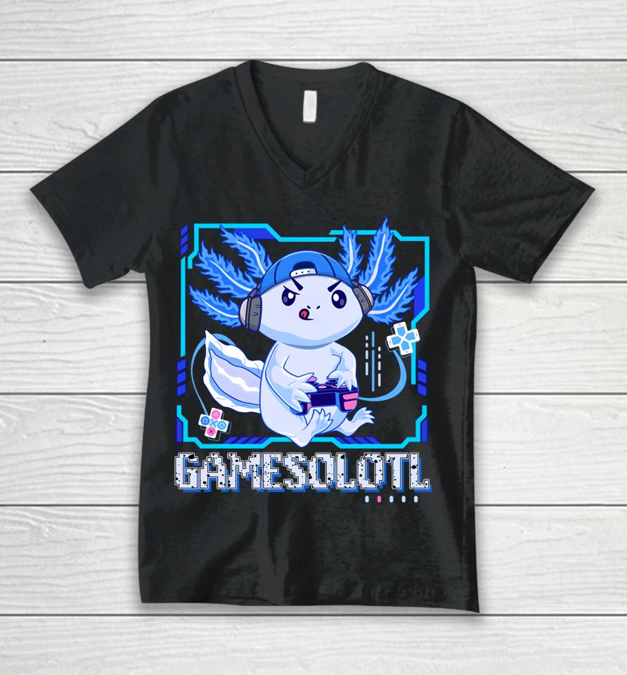 Gamesolotl Gamer Axolotl Video Games Anime Lizard Unisex V-Neck T-Shirt