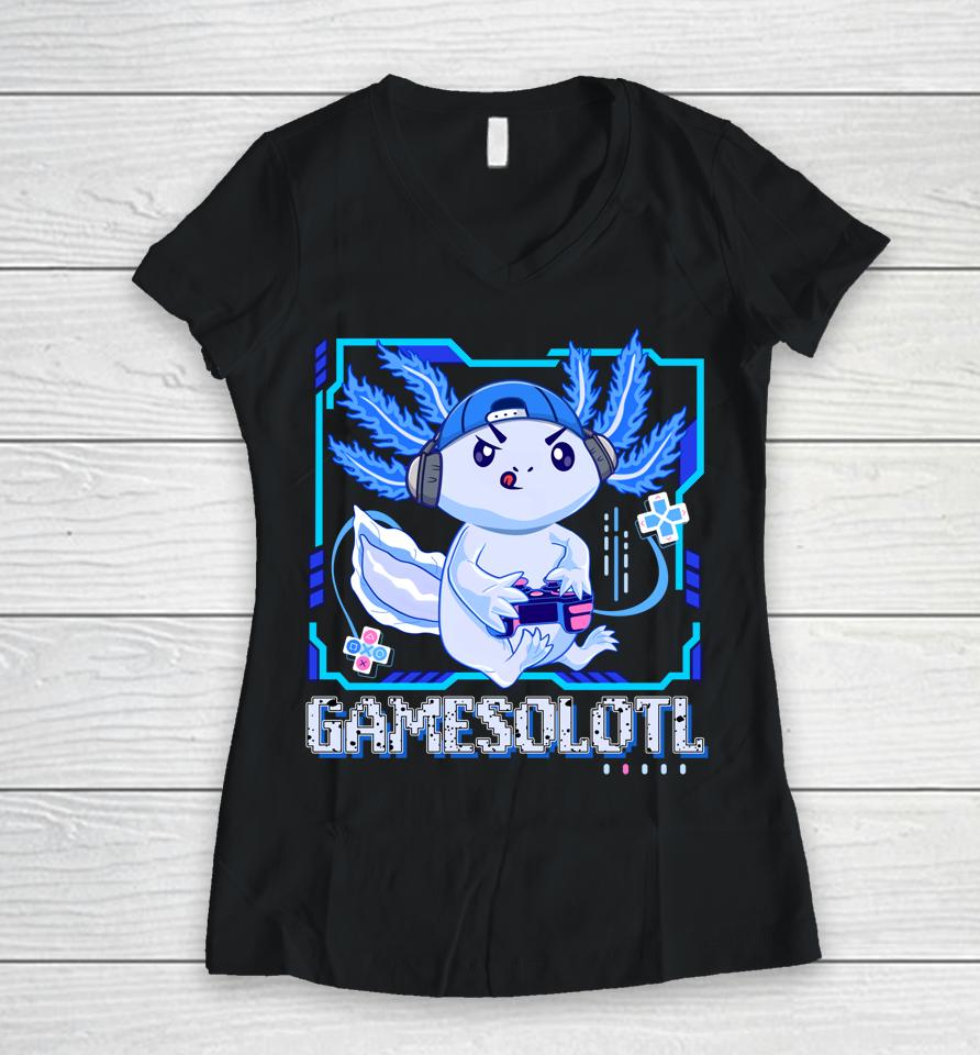 Gamesolotl Gamer Axolotl Video Games Anime Lizard Women V-Neck T-Shirt