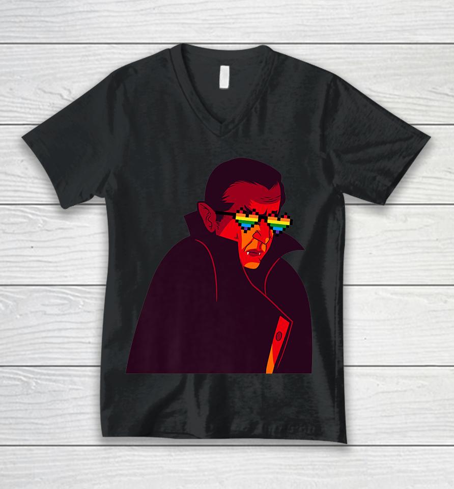 Gay Dracula Rainbow Sunglasses Vampire Halloween Lgbt Unisex V-Neck T-Shirt