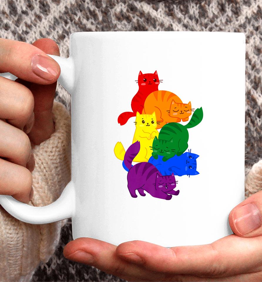 Gay Pride Cat Lgbt Ally Kawaii Cats Pile Lgbtq Rainbow Flag Coffee Mug