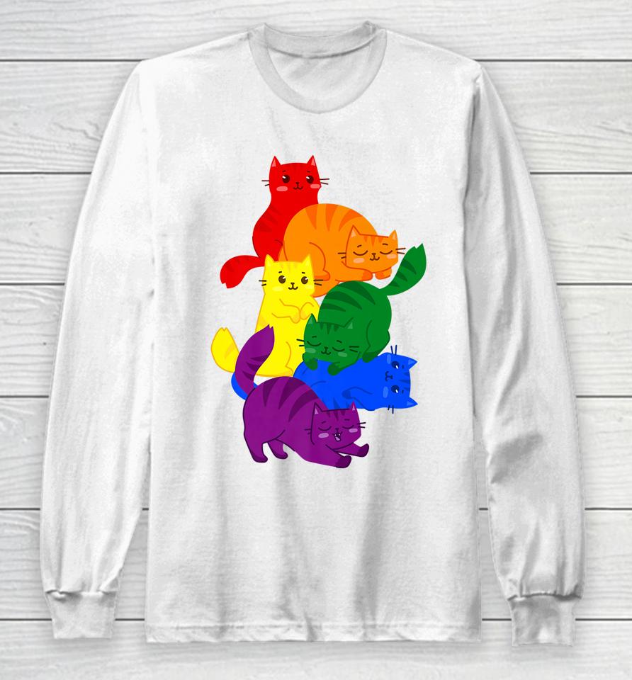 Gay Pride Cat Lgbt Ally Kawaii Cats Pile Lgbtq Rainbow Flag Long Sleeve T-Shirt