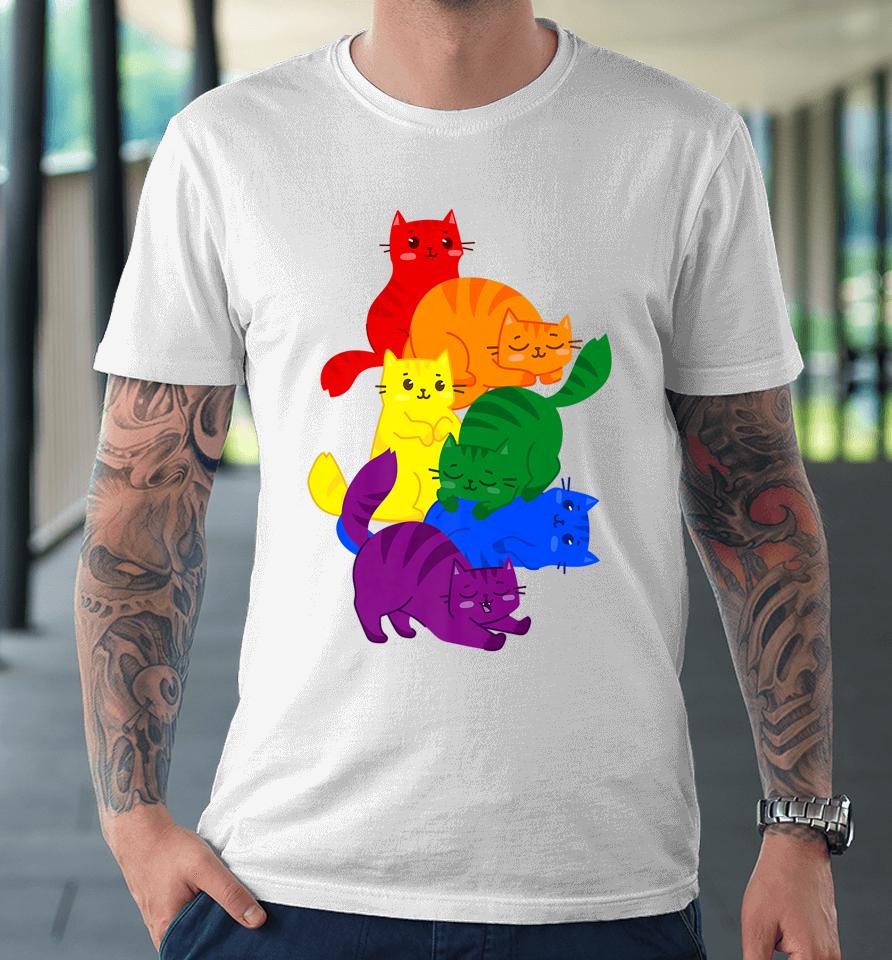 Gay Pride Cat Lgbt Ally Kawaii Cats Pile Lgbtq Rainbow Flag Premium T-Shirt