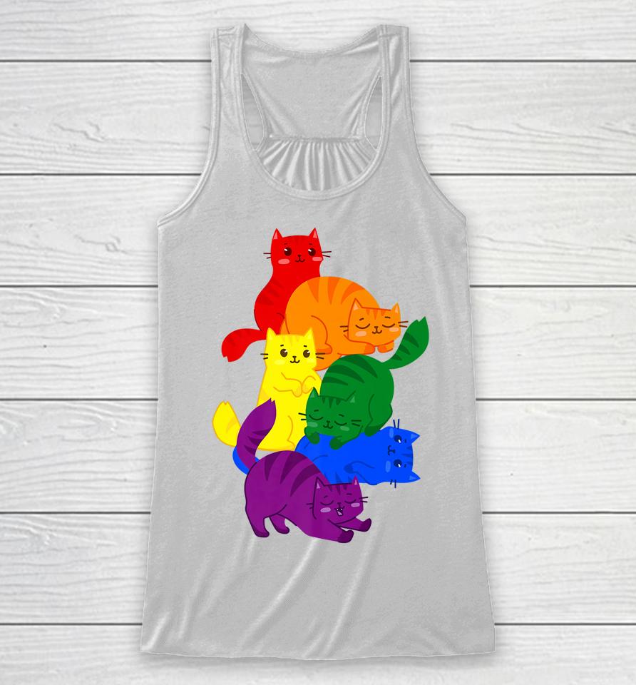 Gay Pride Cat Lgbt Ally Kawaii Cats Pile Lgbtq Rainbow Flag Racerback Tank