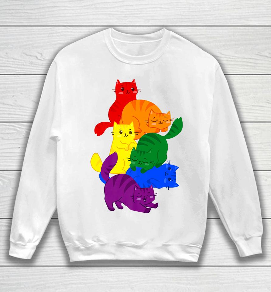 Gay Pride Cat Lgbt Ally Kawaii Cats Pile Lgbtq Rainbow Flag Sweatshirt