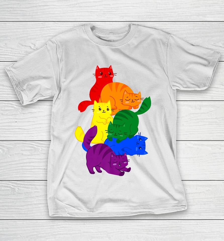 Gay Pride Cat Lgbt Ally Kawaii Cats Pile Lgbtq Rainbow Flag T-Shirt