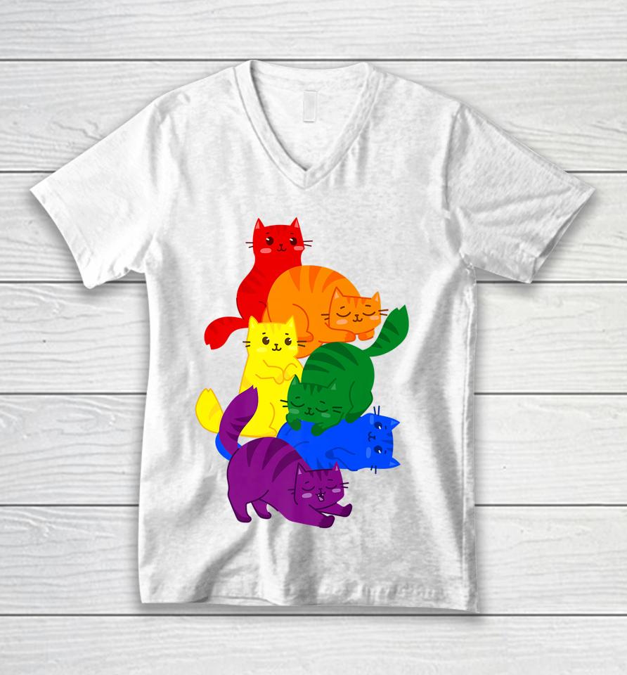 Gay Pride Cat Lgbt Ally Kawaii Cats Pile Lgbtq Rainbow Flag Unisex V-Neck T-Shirt